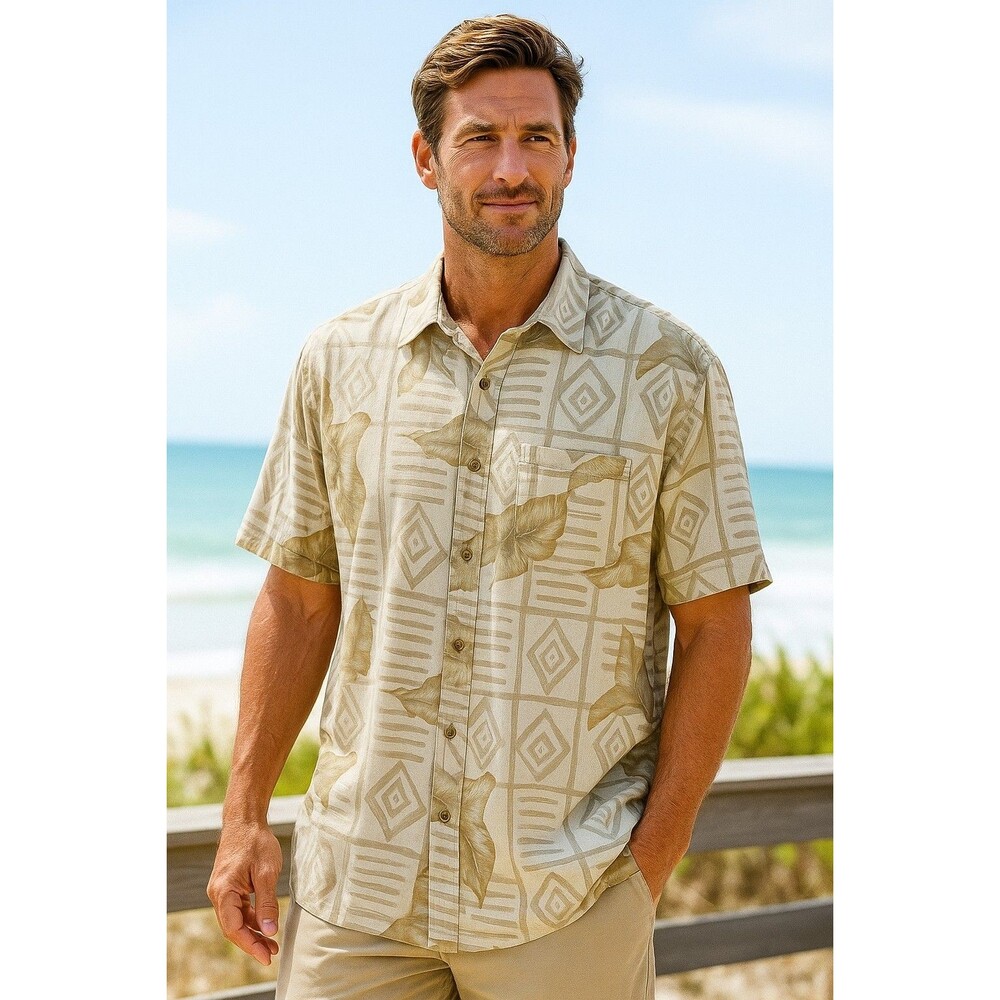Pierre Cardin Khaki Cream Hawaiian Shirt Size M Rayon Beachy Coastal*Flaws*